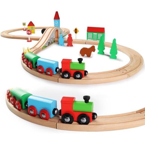 Wooden Train Set for Toddler with Double-Side Train Tracks Fits - Picture 1 of 8